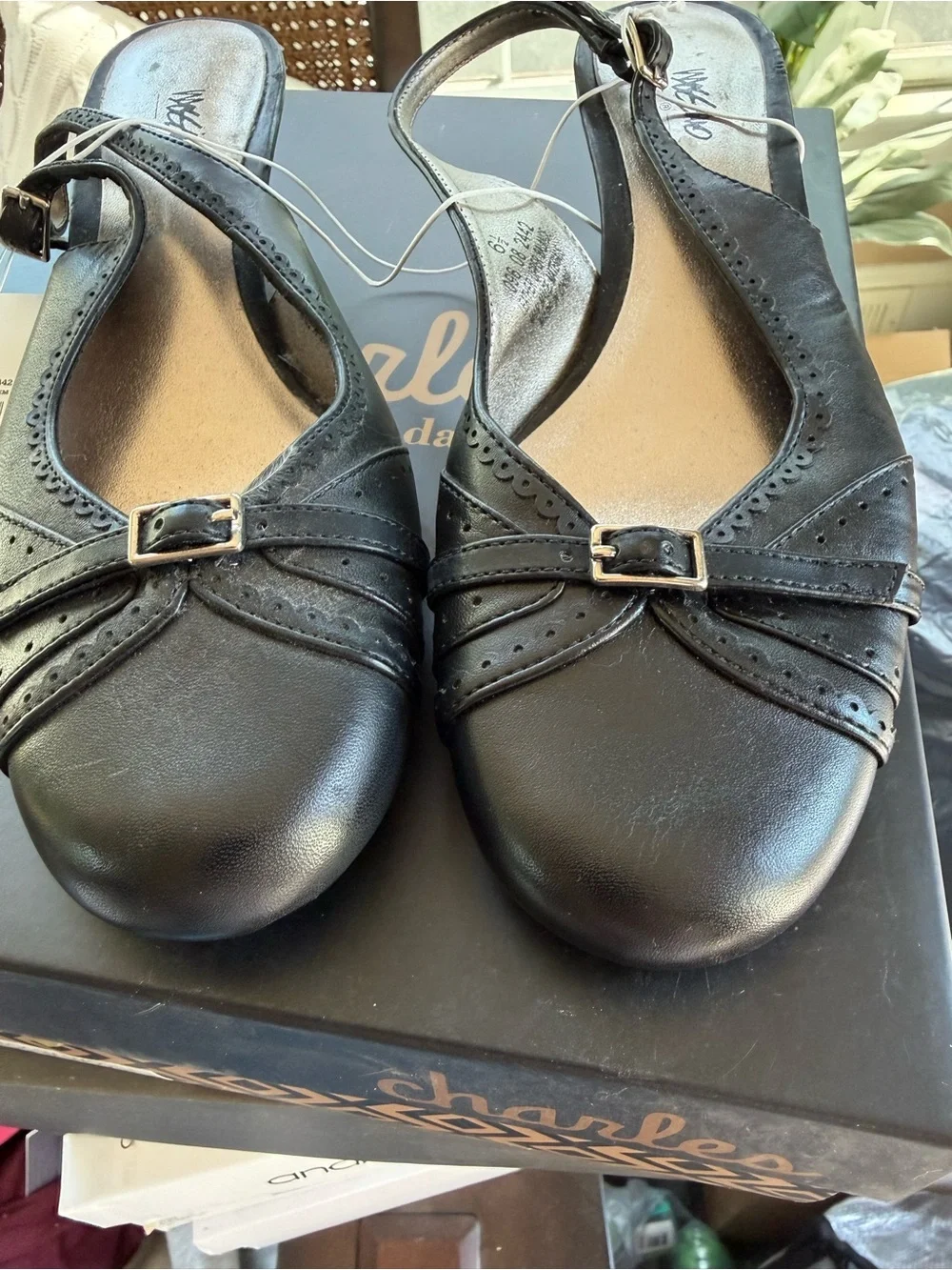 Massimo Black Leather Slingback Low Heel Pumps
